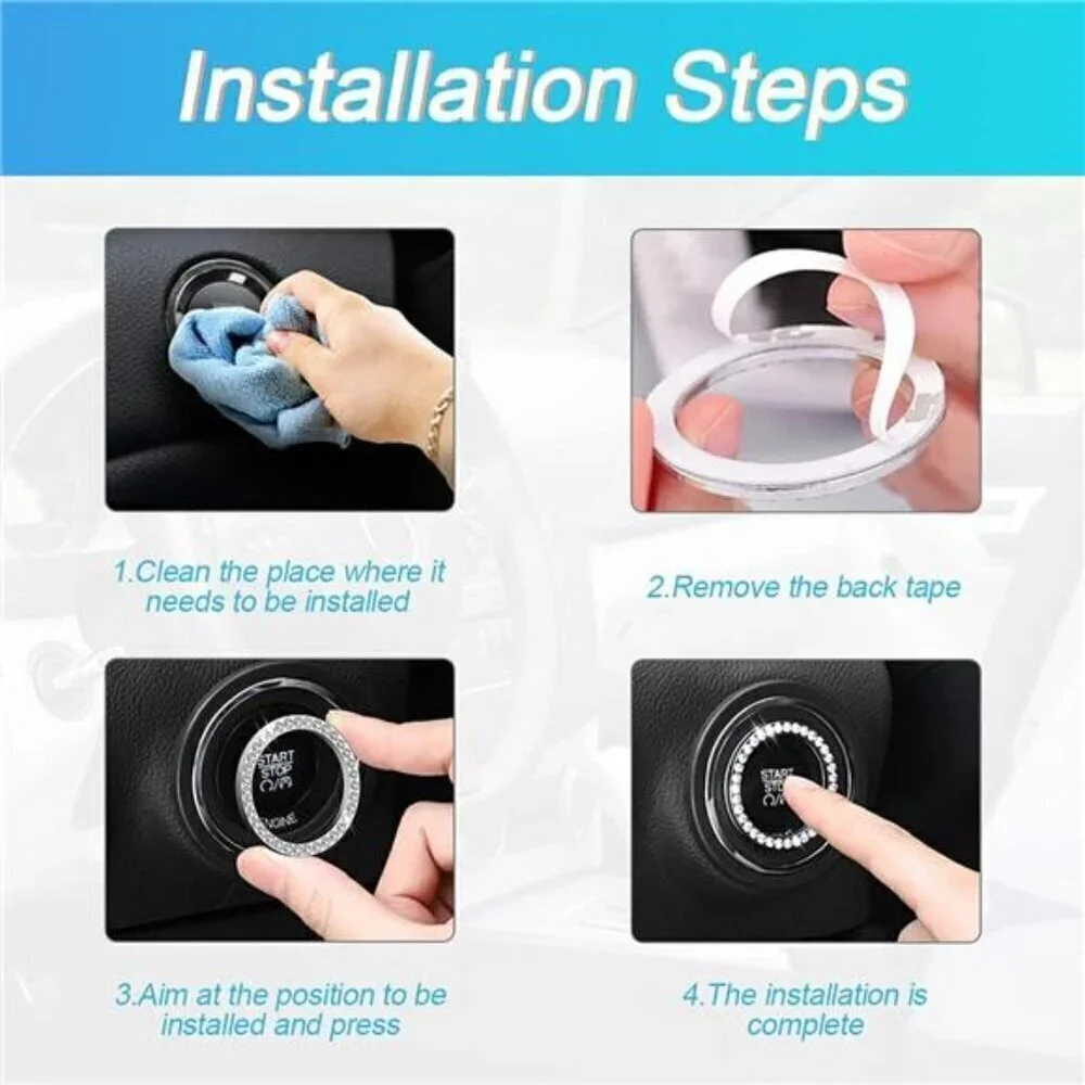 Car Start Button Bling Rhinestone Diamond Engine Button Ring 2-Pack Blue - Picture 4 of 8